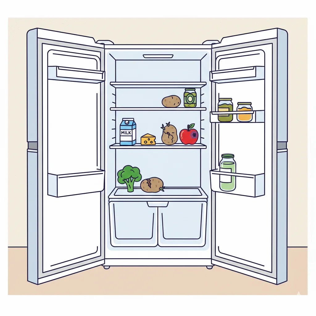 Open fridge being cleared out on Friday with leftover ingredients ready to cook